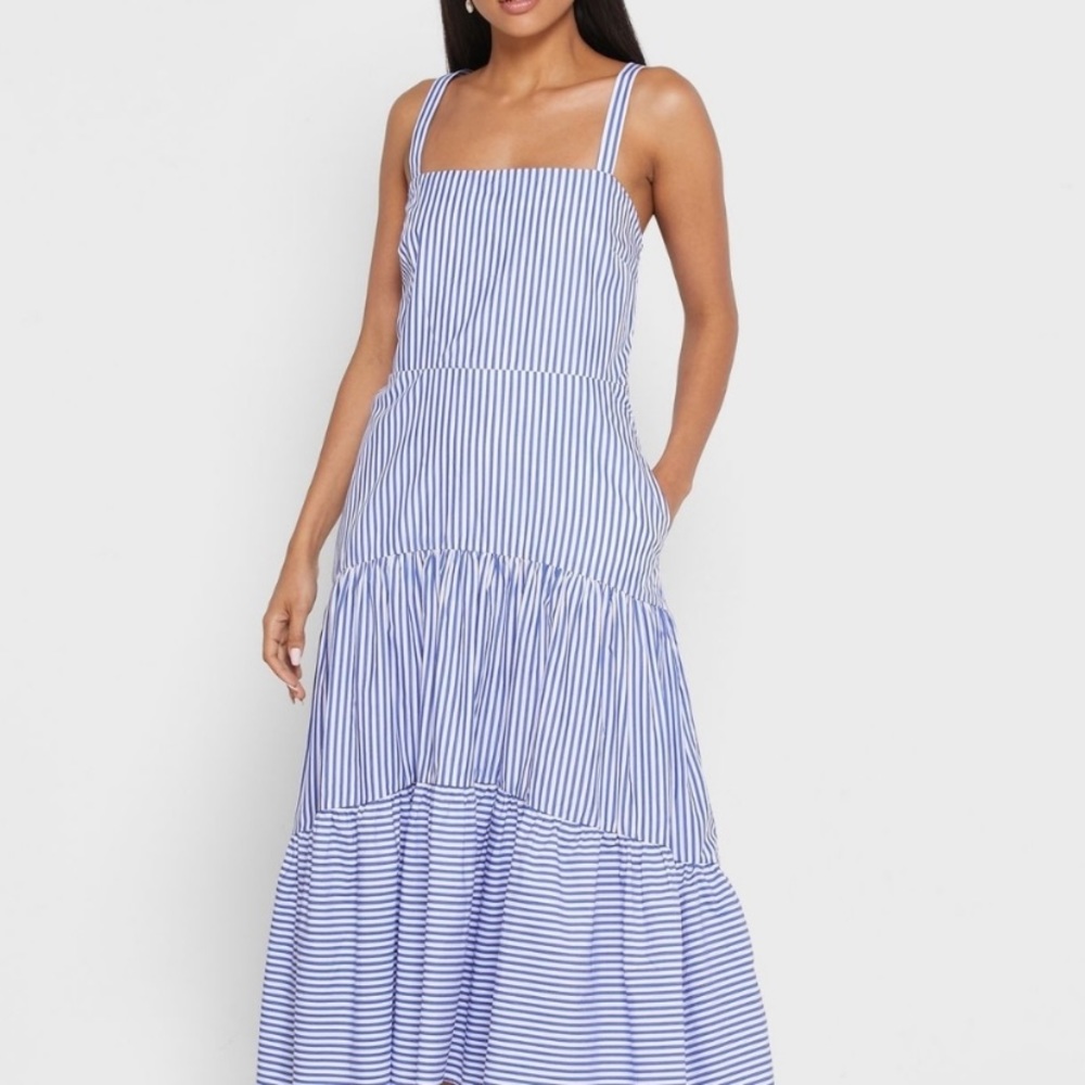 Banana Republic Blue Striped Tiered Maxi Poplin Dress